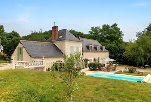 A large house with a swimming pool, surrounded by a well-maintained lawn and trees.