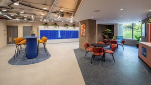 Un espace de bureau moderne avec une table de conférence bleue, des chaises orange, une table ronde noire et un espace d’accueil agrémenté d’une plante.