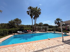 Ein Swimmingpool mit Liegestühlen und einer überdachten Sitzgruppe, umgeben von Palmen und einer Steinterrasse.