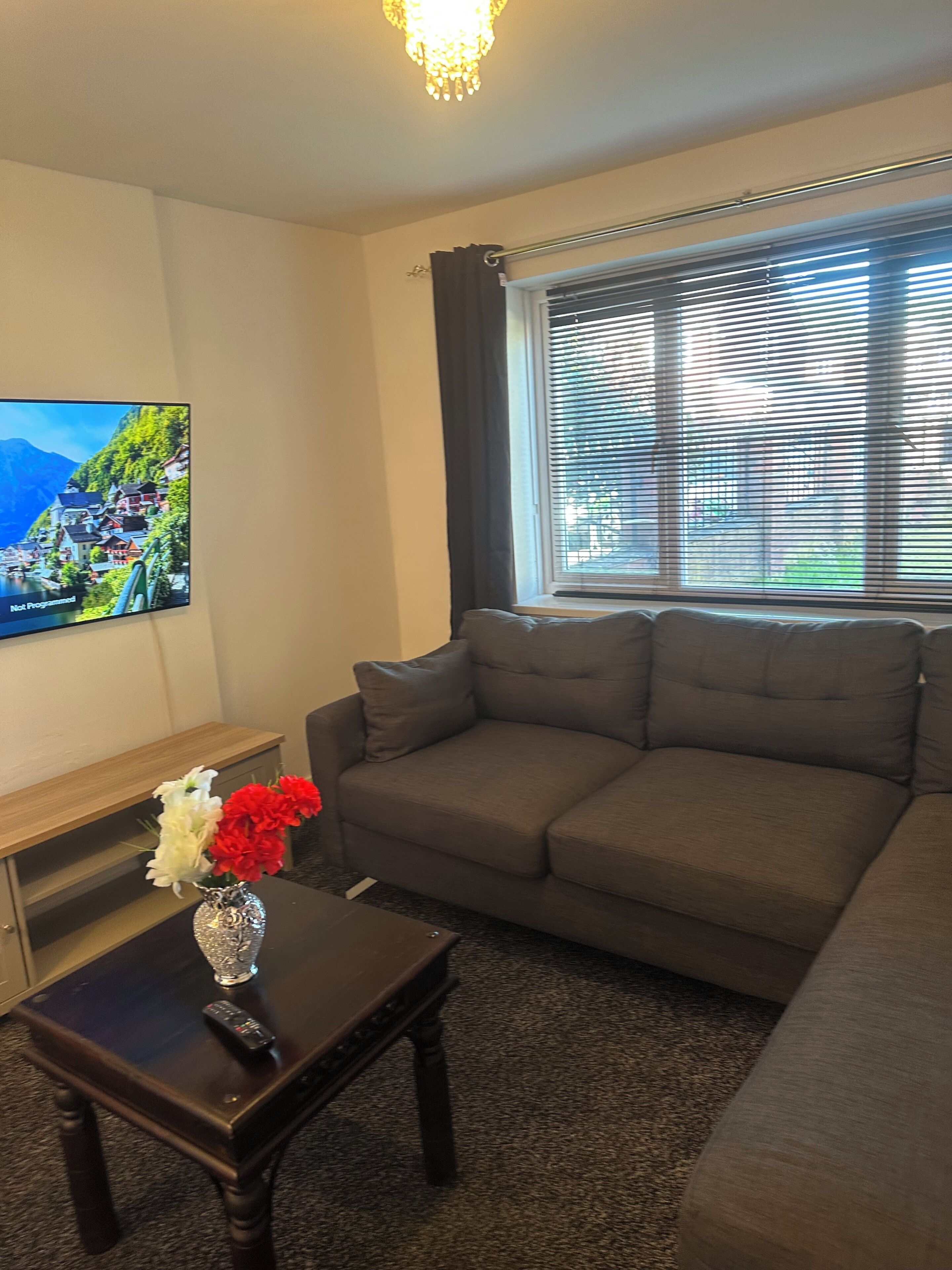 Una sala de estar con un sofá, una mesa de centro con un jarrón de flores, un control remoto y un televisor mostrando una imagen panorámica.