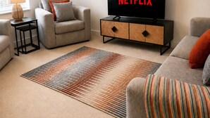 Un soggiorno con un divano, una TV che mostra 'NETFLIX', una lampada e un tappeto decorato.