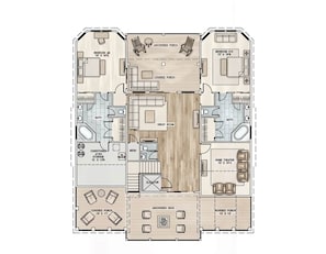 A hotel floor plan with two bedrooms, a covered porch, uncovered porch, great room, home theater, covered and uncovered decks, and a bathroom. - Brand New 10BR Oceanfront Home (Georgetown County)