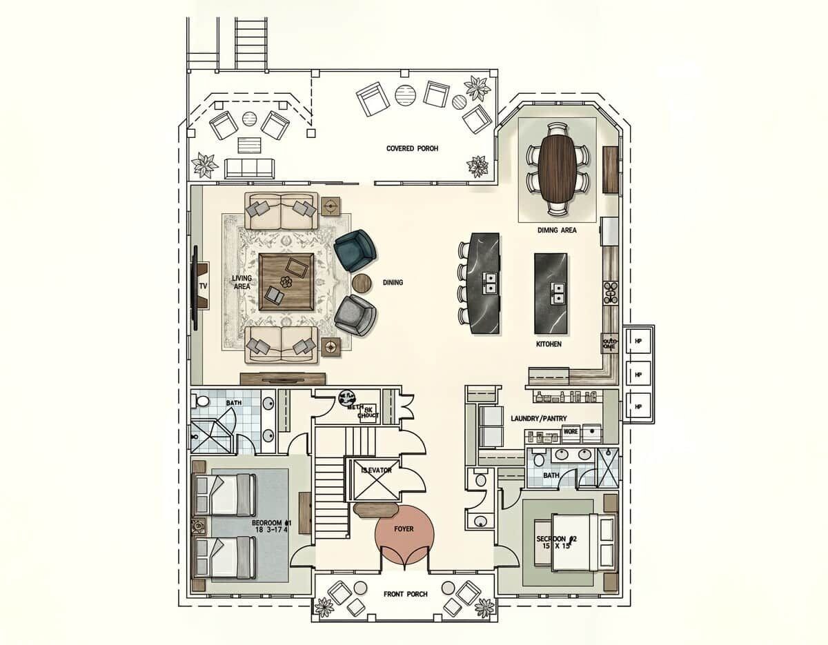 A floor plan with a covered porch, living area, dining area, kitchen, bathroom, foyer, and two bedrooms.