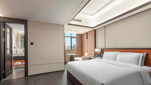 Een hotelkamer met een groot bed, een nachtkastje, een spiegel en uitzicht op de stad.