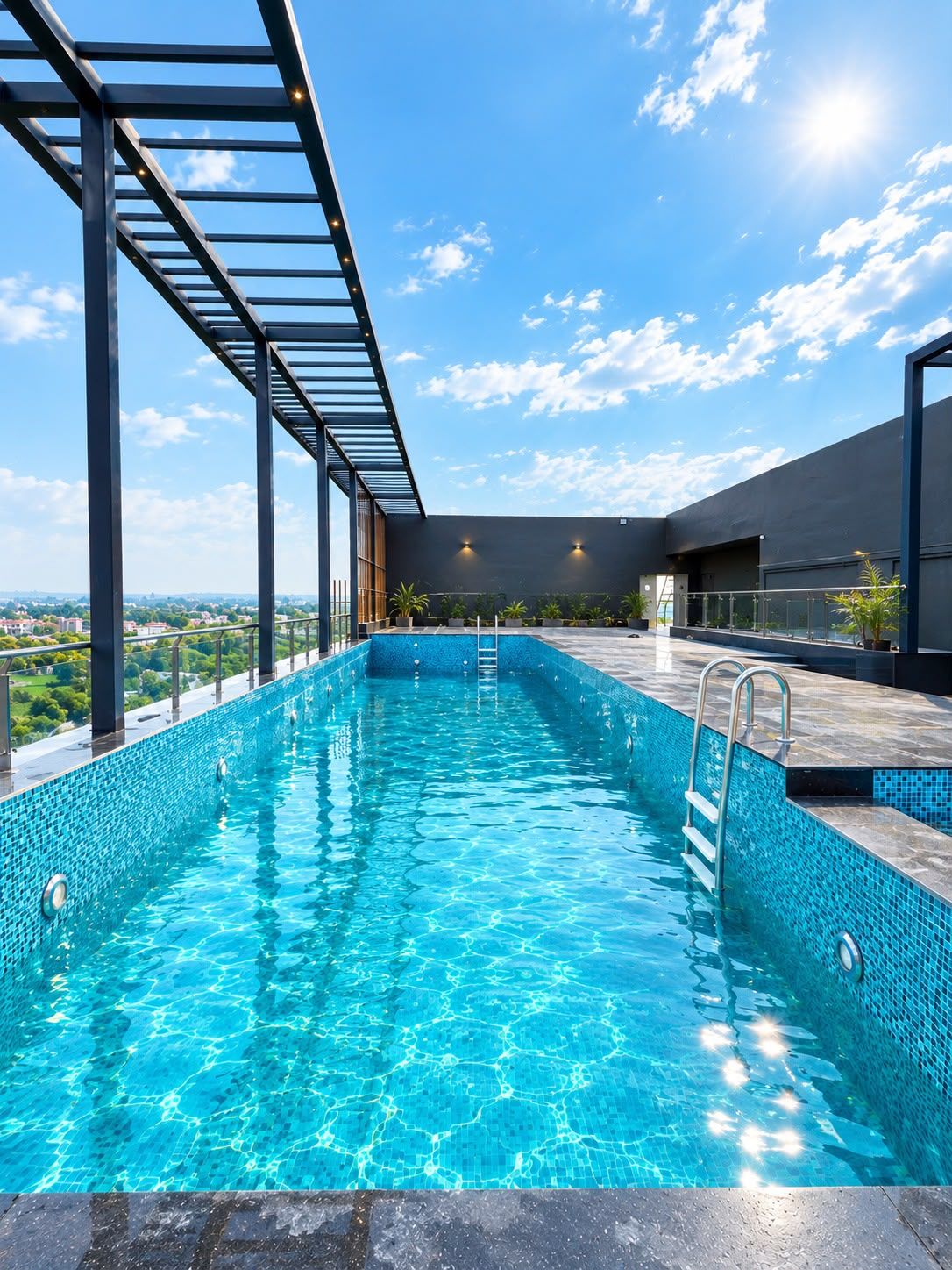 A rooftop infinity pool with a clear view of the city skyline.