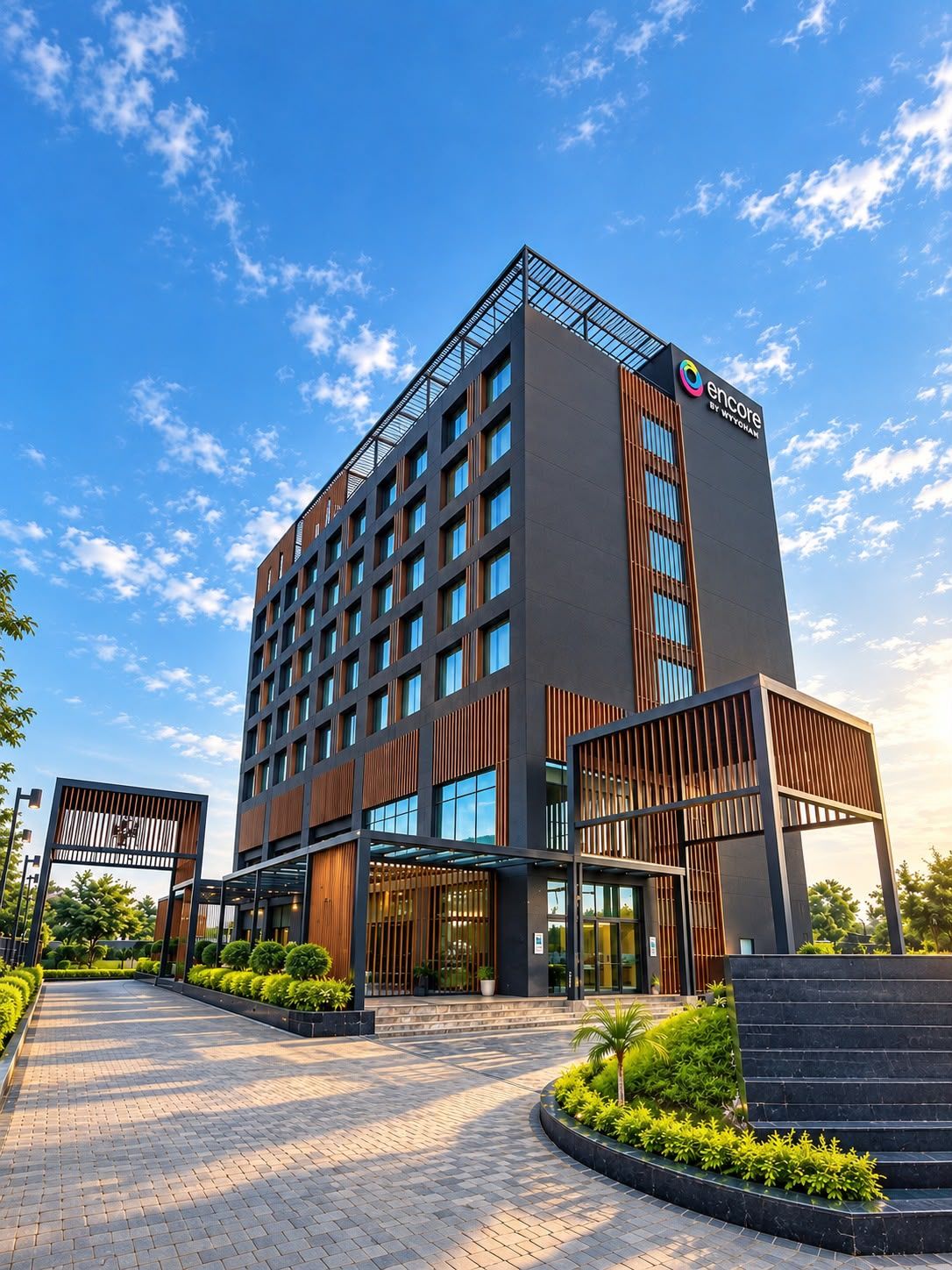 A modern hotel building with a prominent logo, a covered entrance, and a landscaped pathway leading to the entrance.