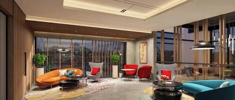 A modern living room with a sofa, armchairs, and a coffee table.