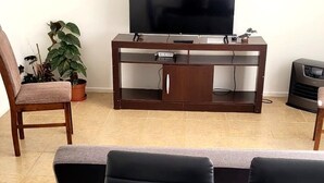 A living room with a TV, wooden entertainment unit, two chairs, and a potted plant. - Cabin in Coyhaique: Explore the Carretera Austral (Coyhaique)