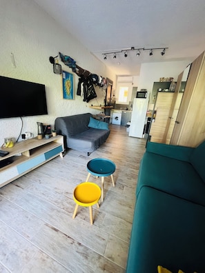 Ein Wohnzimmer mit grauem Sofa, einem türkisfarbenen Sofa und zwei Hocker, einem Flachbildfernseher, einer Küchenzeile inklusive Waschmaschine und einer Deckenleuchte.