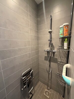 Douche, sèche-cheveux, serviettes fournies, savon