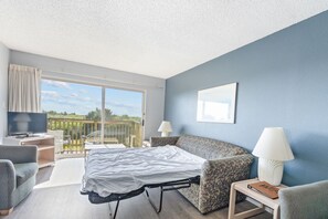 TV, fireplace - Ocean View, Pet-Friendly 1-Bedroom Family Suite - Pool and Hot Tub! (Ocean Shores)