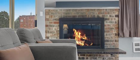 Stay warm by the fireplace