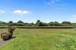 A grassy field with a wooden fence and trees in the background. - Ground Floor Pet Friendly Suite - Kitchen & Patio (Ocean Shores)
