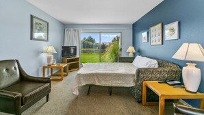 Une chambre d’hôtel avec un lit, un canapé, une télévision, une table et une vue sur un paysage verdoyant.