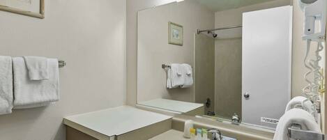 A bathroom with a sink, mirror, towel rack, and a hairdryer.