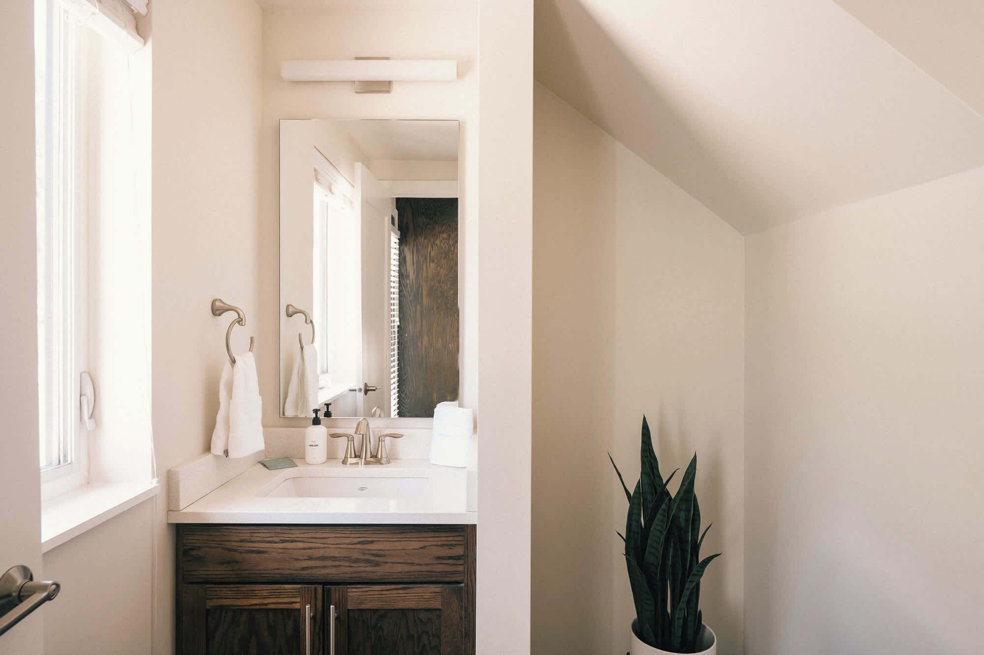 A bathroom with a white sink, a mirror, a wooden cabinet, and a potted plant.