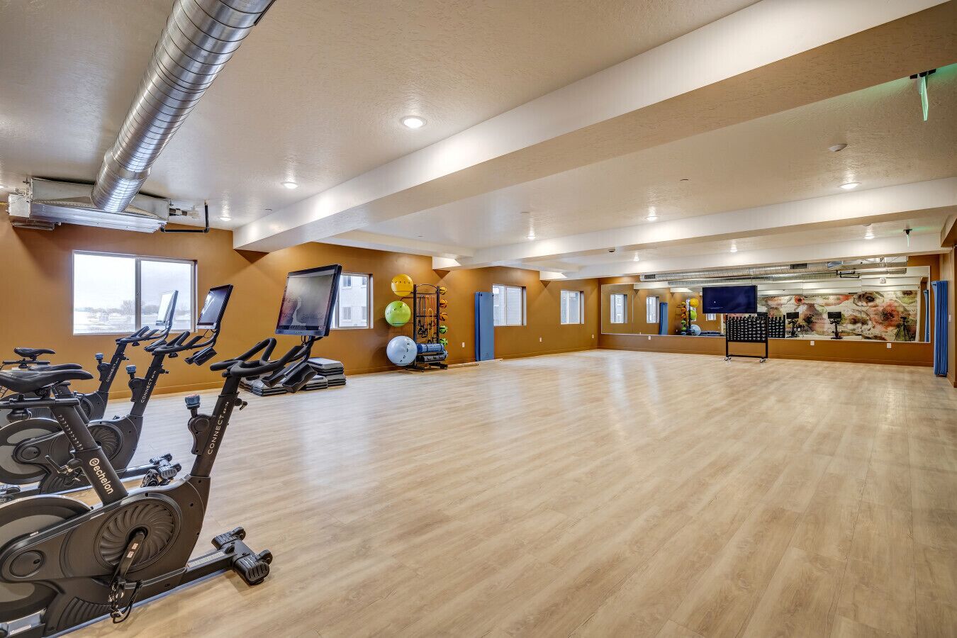 Et rummeligt fitnesscenter med flere træningscykler og konditionsmaskiner, store vinduer og en spejlvæg.