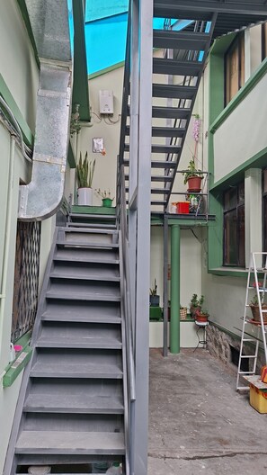 Eine Treppe führt zu einer Zwischenebene mit Blumentöpfen und einer Leiter.
