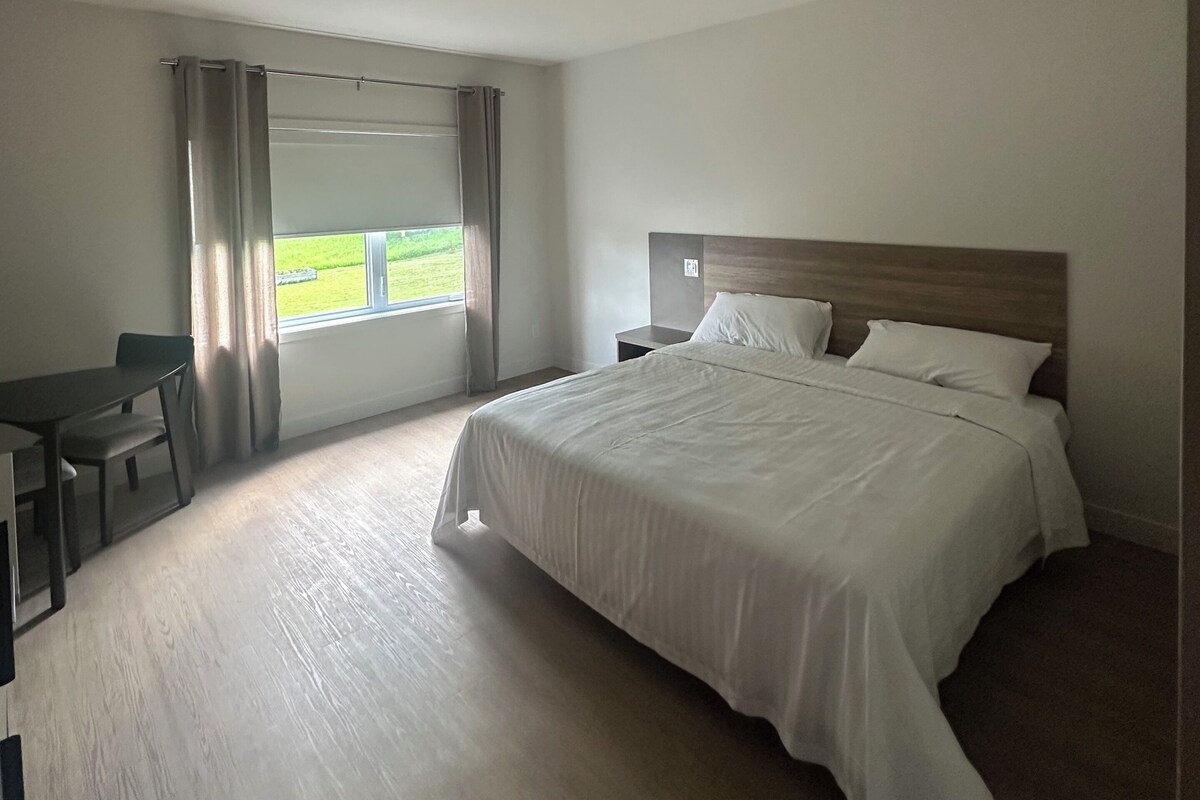 A hotel room with a large bed, a desk, and a window with curtains.