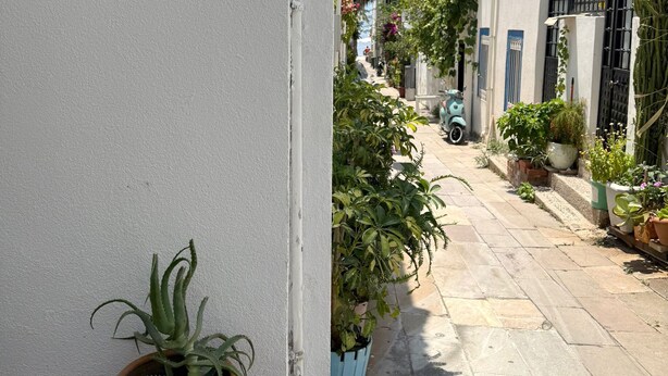 A narrow street with a sign reading 'Suda Pansiyon' on a white wall, potted plants, and a scooter parked on the right. - Suda Pansiyon (Bodrum)