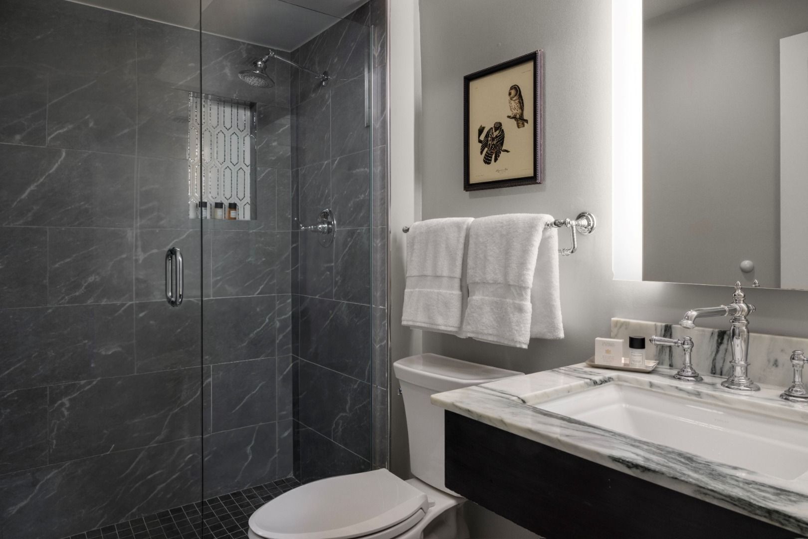 Hair dryer, towels, soap