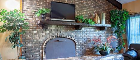 A brick fireplace with a flat-screen TV above it, surrounded by potted plants and a leather couch.