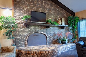 A brick fireplace with a flat-screen TV above it, surrounded by potted plants and a leather couch.