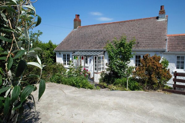 A white house with a tiled roof, a covered porch, and a garden with various plants. - Plas y Bryn, Aberporth (Aberporth)