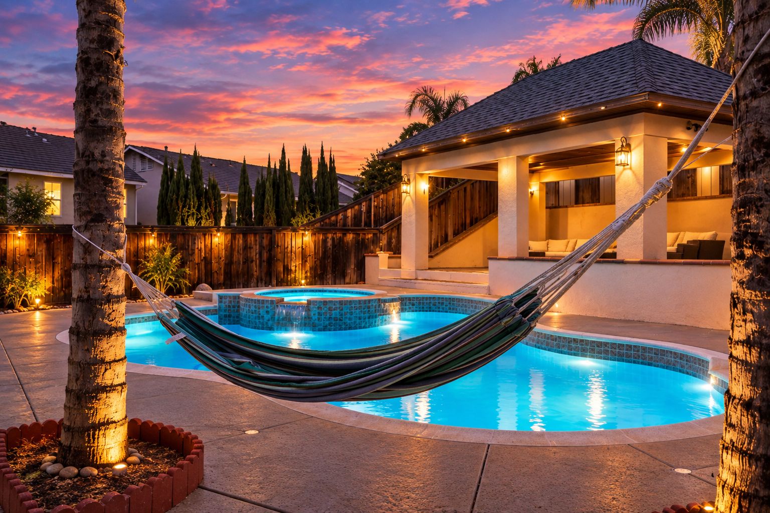Ein Swimmingpool mit einer Hängematte, umgeben von einem Holzzaun, und ein Haus mit einer überdachten Terrasse.