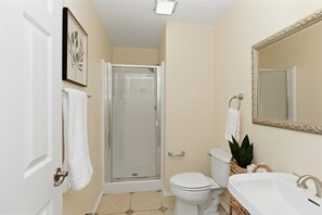 Chuveiro, secador de cabelo, toalhas de banho, sabonete