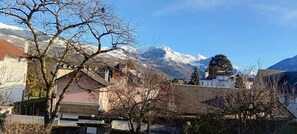 A residential area with houses, a tree, and snow-capped mountains in the background.