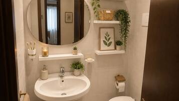 Hair dryer, towels, soap, toilet paper