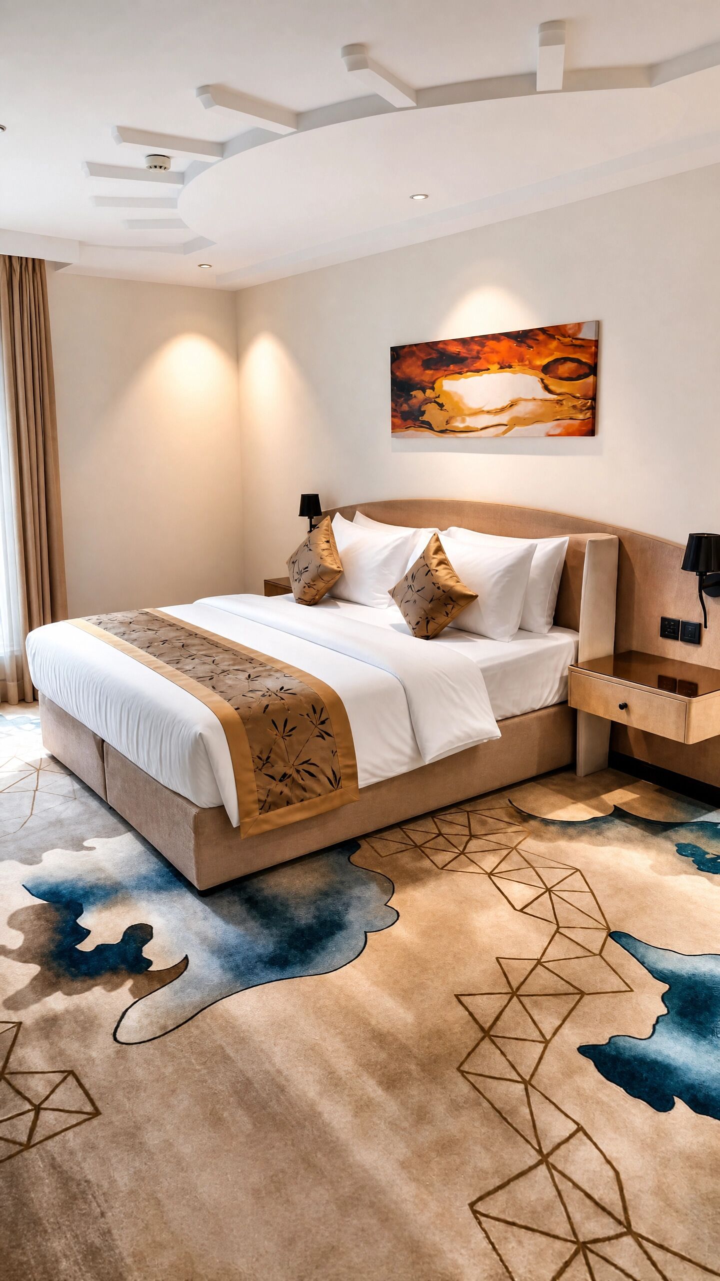 Habitación de hotel con una cama grande, una mesita de noche, una lámpara de pared y un cuadro.