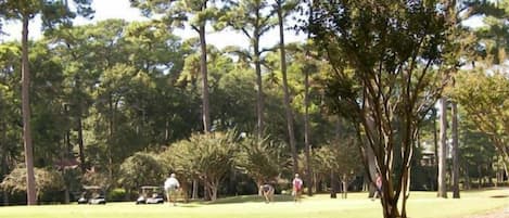 A golf course with trees, a golf cart, and people playing.