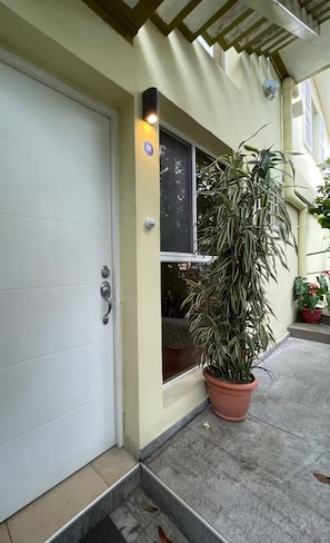 Ein Haus mit weißer Tür, einem Fenster und einem Blumentopf davor.