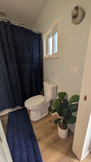 A bathroom with a shower curtain, toilet, and a potted plant. - All Sports Lakefront Sunset w/Deck, Firepit, Dock (Ortonville)