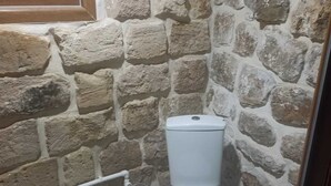 Un baño con pared de piedra, inodoro y suelo de mármol.