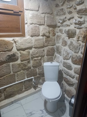 Une salle de bain avec un mur en pierre, des toilettes et un sol en marbre.