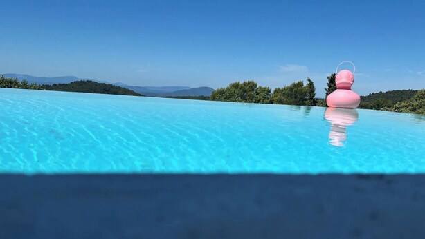 Una piscina infinita de color azul intenso con un objeto rosa flotando en el agua, rodeada de follaje y montañas lejanas.