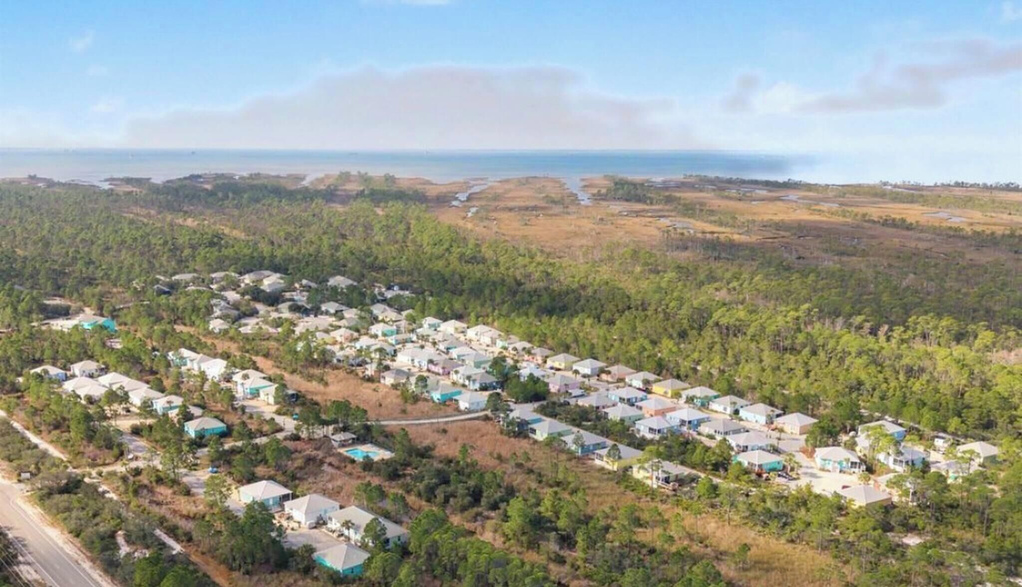 An aerial view of a residential area with houses, surrounded by dense forest, and a coastline in the distance.