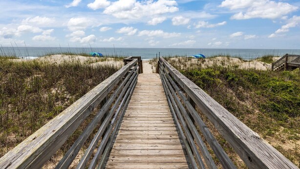 A wooden boardwalk leading to the beach with dunes and a clear sky.