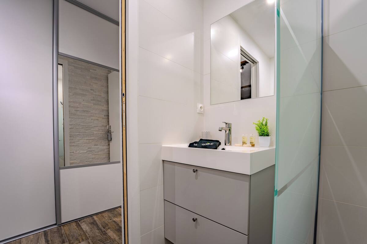 Une salle de bain moderne avec une douche à parois de verre, un meuble-lavabo blanc avec un miroir et une petite plante en pot.