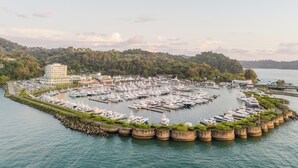 A marina with numerous boats docked, surrounded by a forested hillside. - Step Into Unparalleled Luxury and Expansive Comfort at our Signature Residences (Quepos)