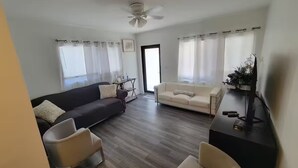 Una sala de estar con un sofá oscuro, un sofá de color claro, una mesa de centro y un mueble de televisión con una planta.