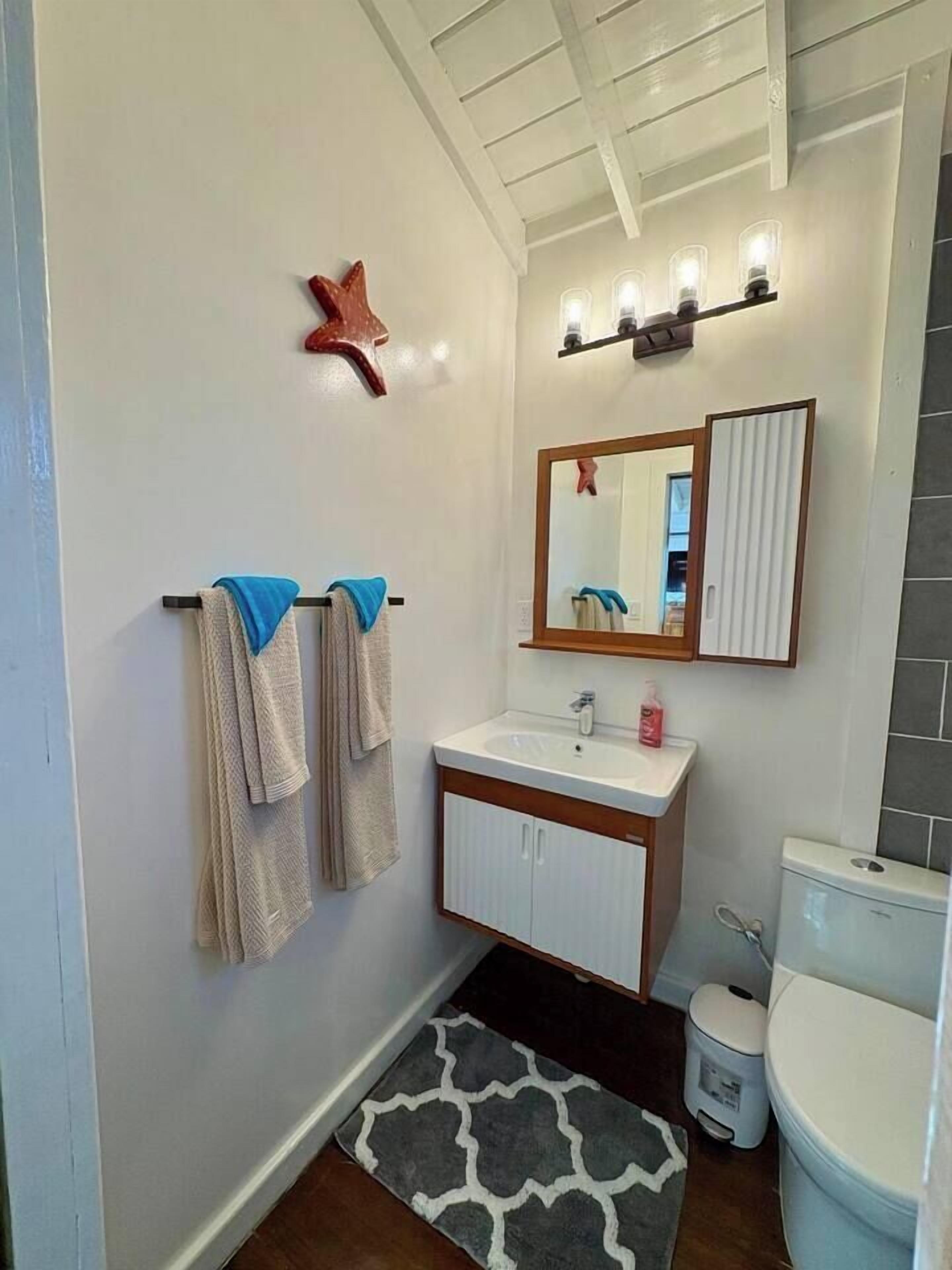 Un bagno con un lavandino bianco, uno specchio, un porta asciugamani con due asciugamani, una decorazione a stella rossa e un lampadario sopra lo specchio.