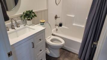 Hair dryer, towels, soap, toilet paper