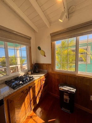 A kitchen with wooden cabinets, a gas stove, a coffee maker, and a trash can. - Water Front Bungalow (#1) (Bocas del Toro)