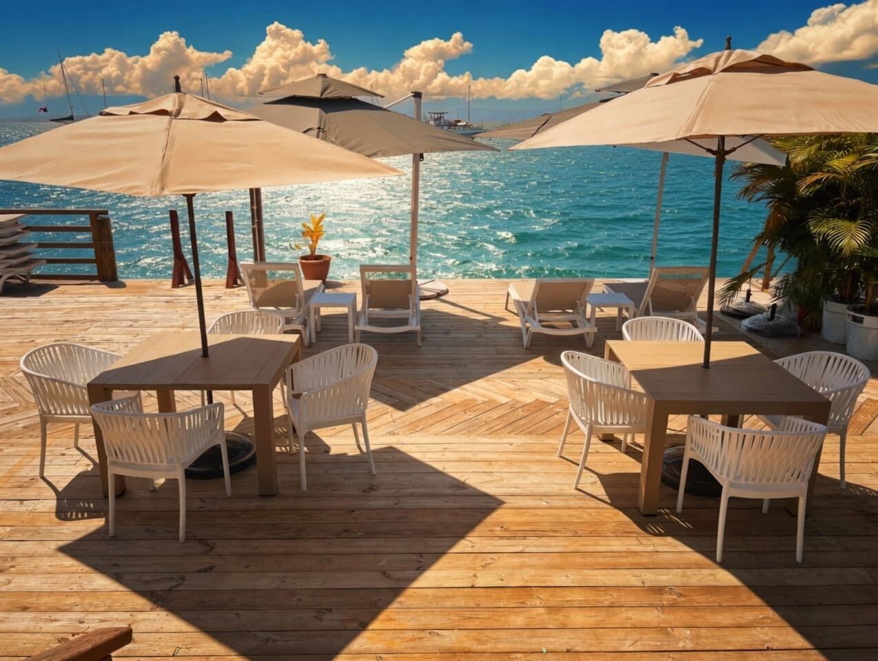 A wooden deck with tables and chairs, umbrellas, and a view of the ocean.