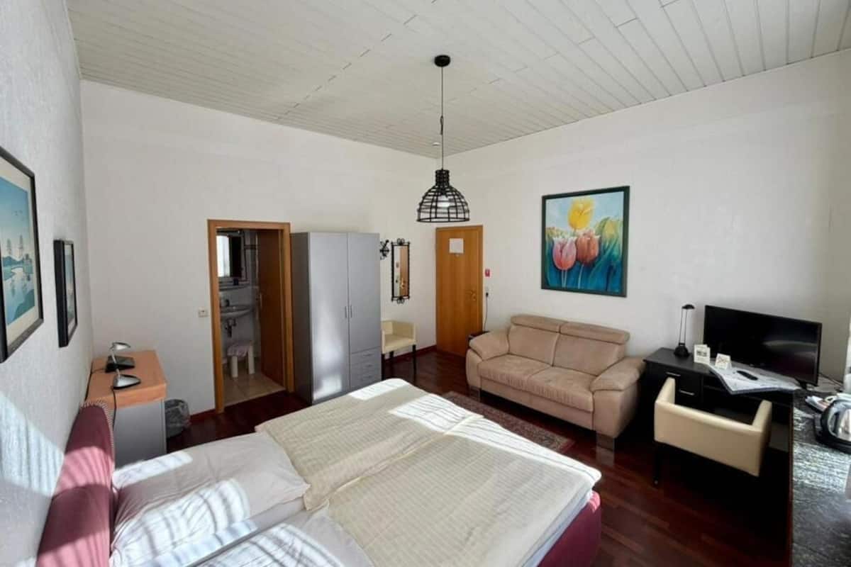 Un dormitorio con cama, escritorio, sofá, televisor y puerta que da a un baño.