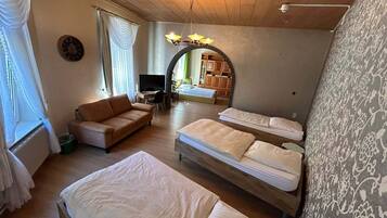 Una habitación con sofá, dos camas individuales, televisor, escritorio y espejo.